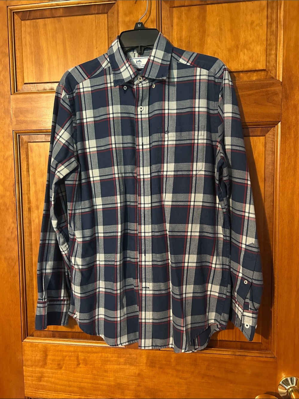 Southern Tide Navy Plaid Button-Down Shirt with White & Red Stripes